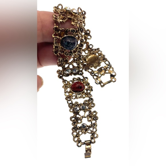 Vintage Gold Tone Ornate Scroll Design Panel Linked Cabochon Gems - Picture 6 of 11